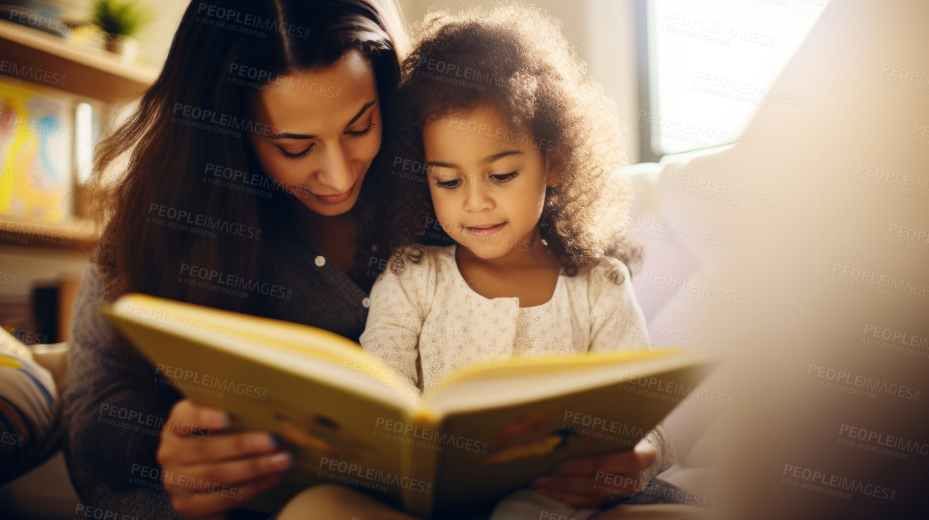 Buy stock photo Young mother reading a book to her daughter. Parent bonding and learning with toddler