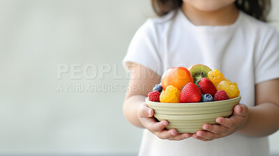 Buy stock photo Toddler holding fresh fruit bowl. Healthy food. Vitamins and healthy.