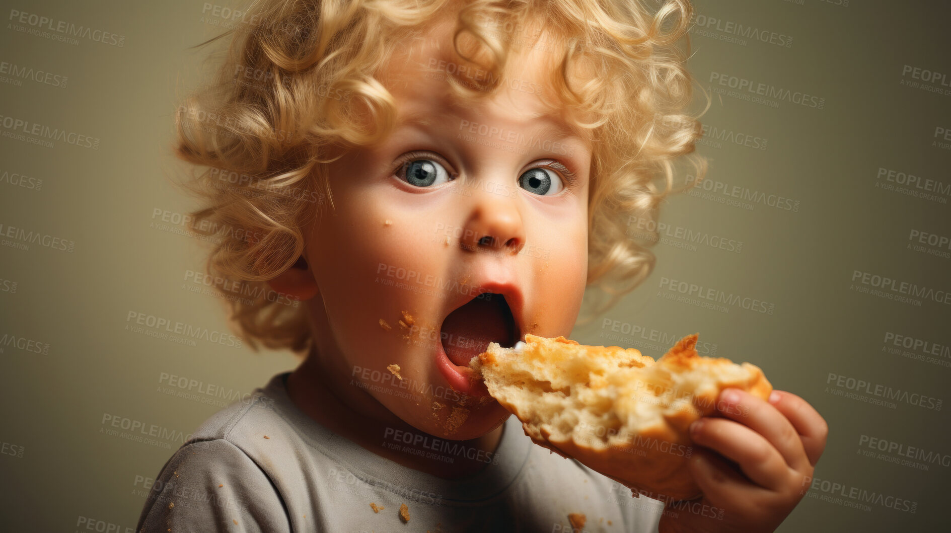 Buy stock photo Toddler eating a piece of bread. Messy boy eating bread or snack