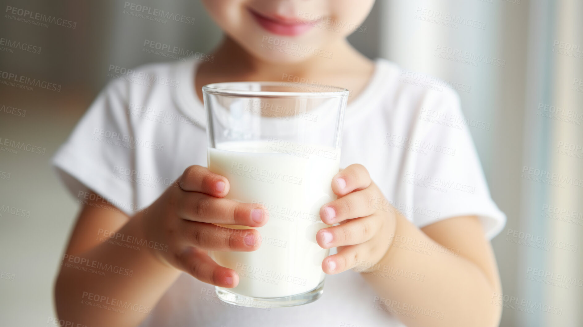 Buy stock photo Toddler holding a glass of milk. close-up of baby with a glass of milk