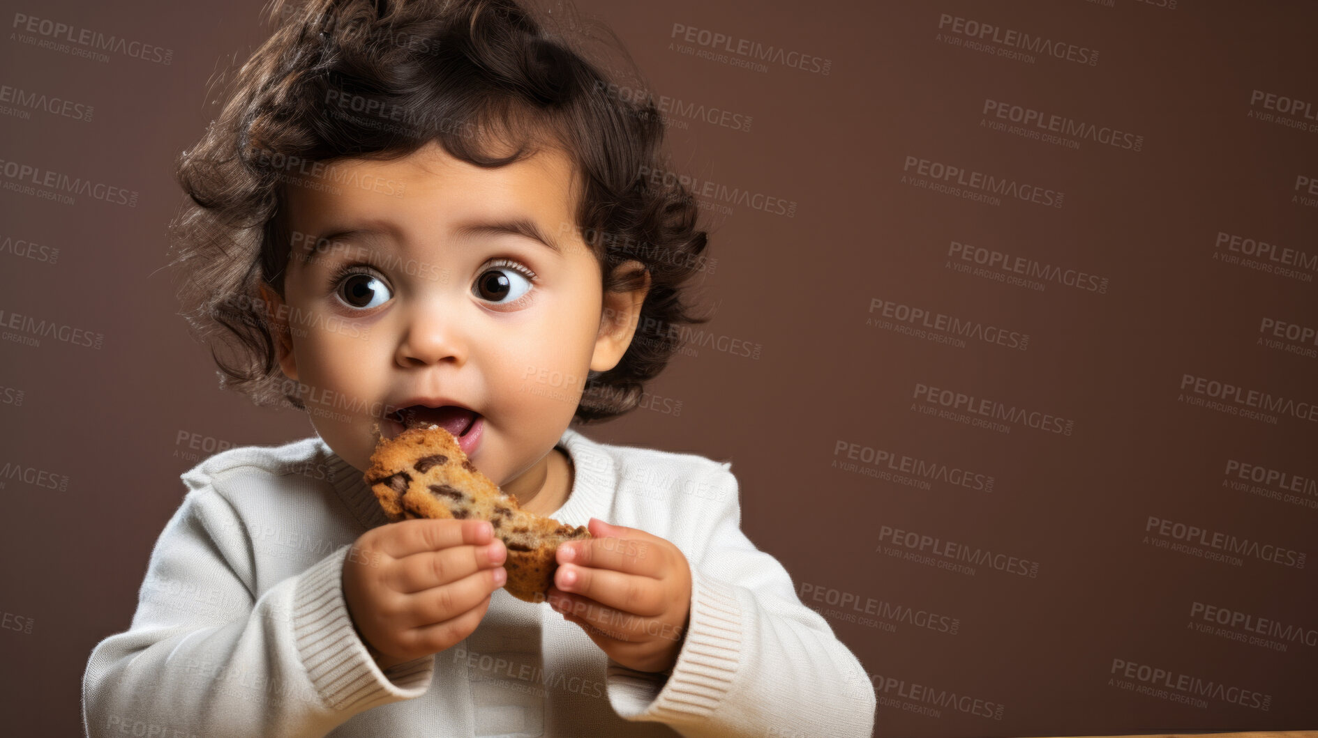 Buy stock photo Toddler eating a piece of bread or cake. Messy baby girl eating bread or snack