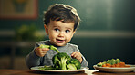 Toddler eats fresh broccoli vegetable. Healthy food. Vitamins and healthy.