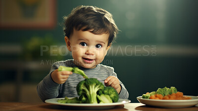 Buy stock photo Toddler eats fresh broccoli vegetable. Healthy food. Vitamins and healthy.