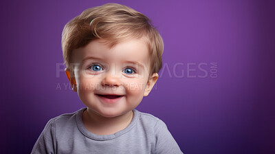 Buy stock photo Portrait of a toddler posing against a purple background. happy smiling boy