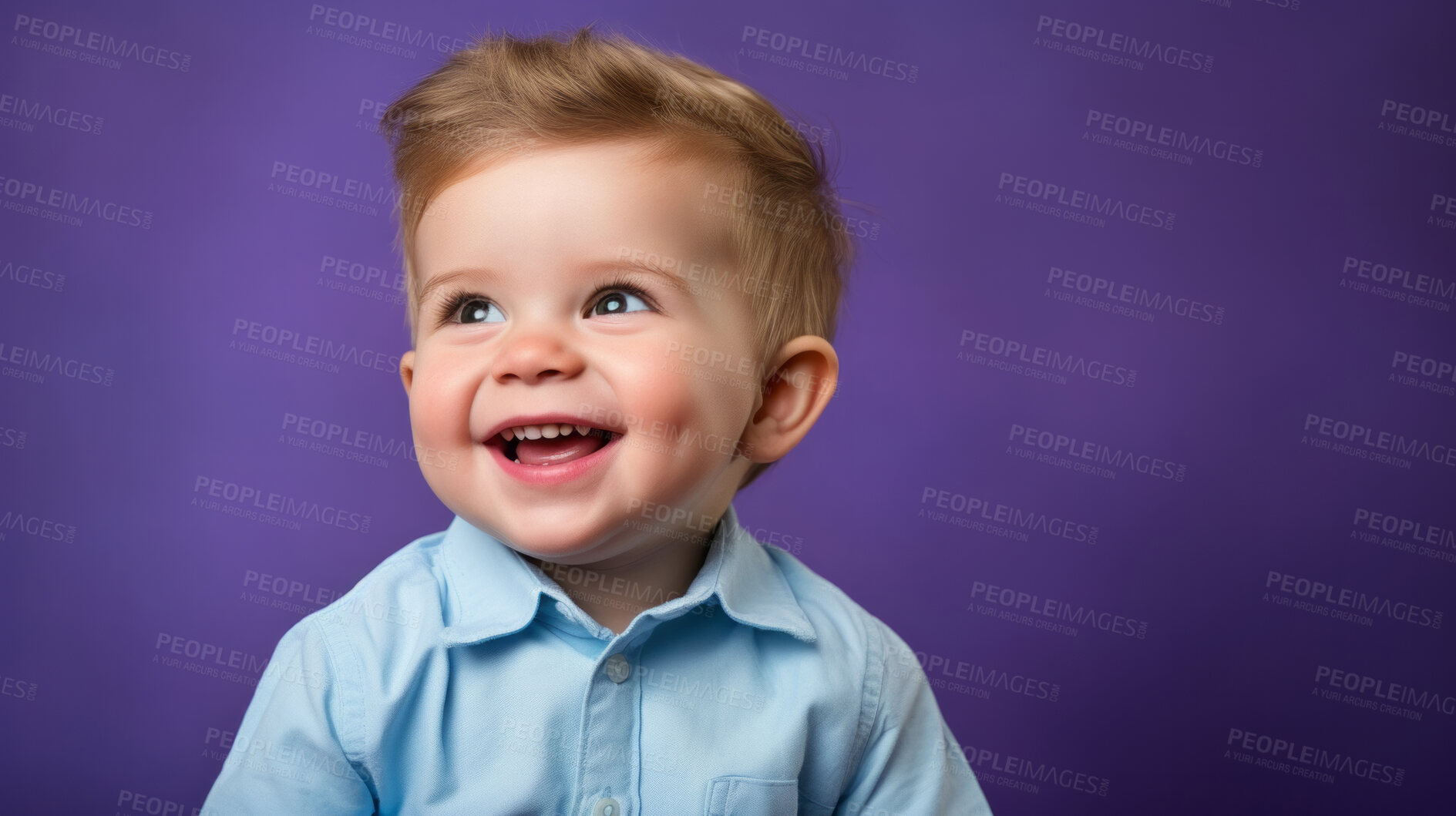 Buy stock photo Portrait of a toddler posing against a purple background. happy smiling boy