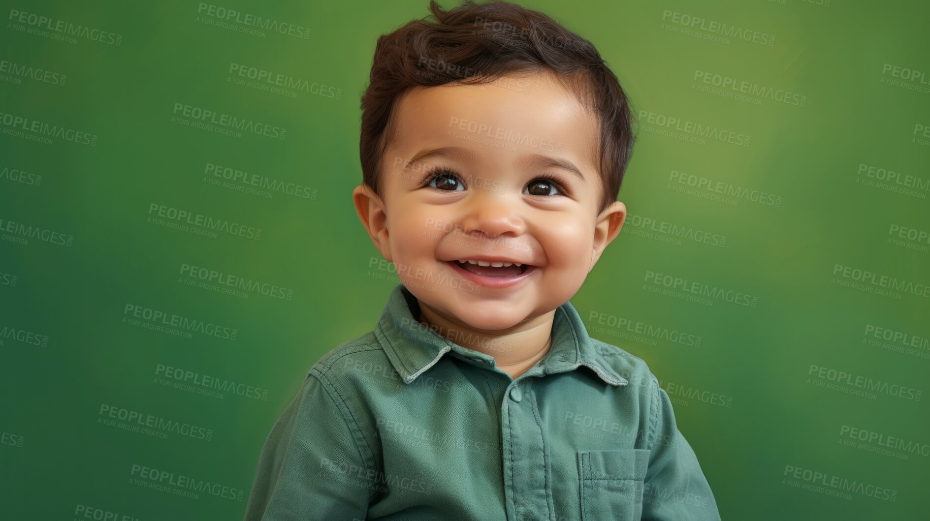 Buy stock photo Portrait of a toddler posing against a green background. happy smiling boy