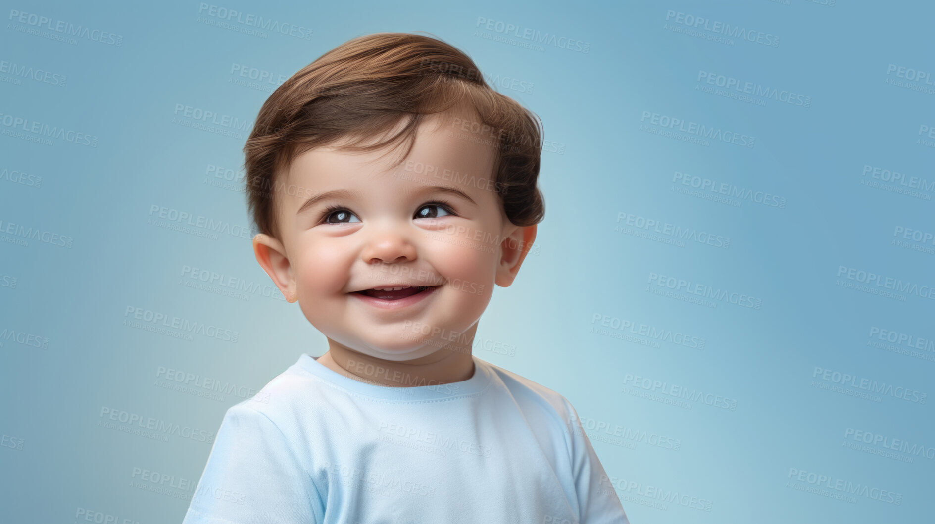 Buy stock photo Portrait of a toddler posing against a blue background. happy smiling boy
