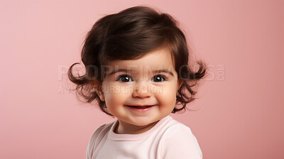 Buy stock photo Portrait of a toddler posing against a pink background. happy smiling girl