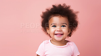 Buy stock photo Portrait of a toddler posing against a pink background. happy smiling girl