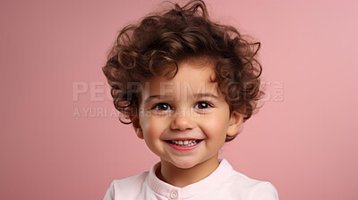 Buy stock photo Portrait of a toddler posing against a pink background. happy smiling boy