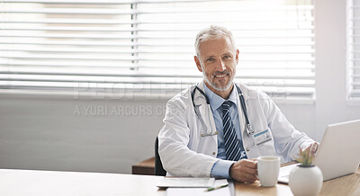 Buy stock photo Healthcare, laptop and portrait of male doctor in his office analyzing online test results in a hospital. Happy, smile and professional mature man or medical worker working on a computer in a clinic