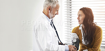 Buy stock photo Blood pressure, doctor and a woman patient at hospital for a consultation with health insurance. Man with a stethoscope to check pulse of person for medical exam, wellness and hypertension diagnosis