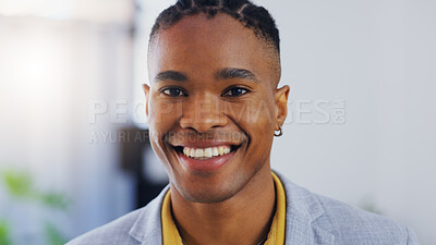 Business man, portrait and face with a smile in a corporate office while happy and confident. Closeup of a male entrepreneur person laughing with pride for professional career, motivation and goals
