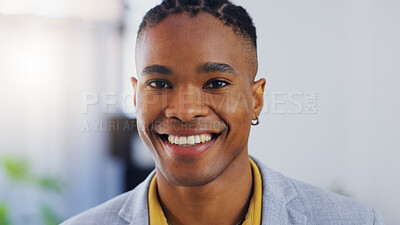 Buy stock photo Business man, portrait and face with a smile in a corporate office while happy and confident. Closeup of a male entrepreneur person laughing with pride for professional career, motivation and goals