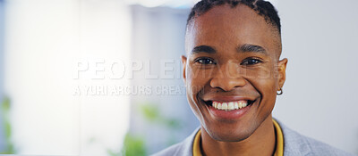 Buy stock photo Business man, portrait and face with a smile in a corporate office while happy and confident. Closeup of a male entrepreneur person laughing with pride for professional career, motivation and goals