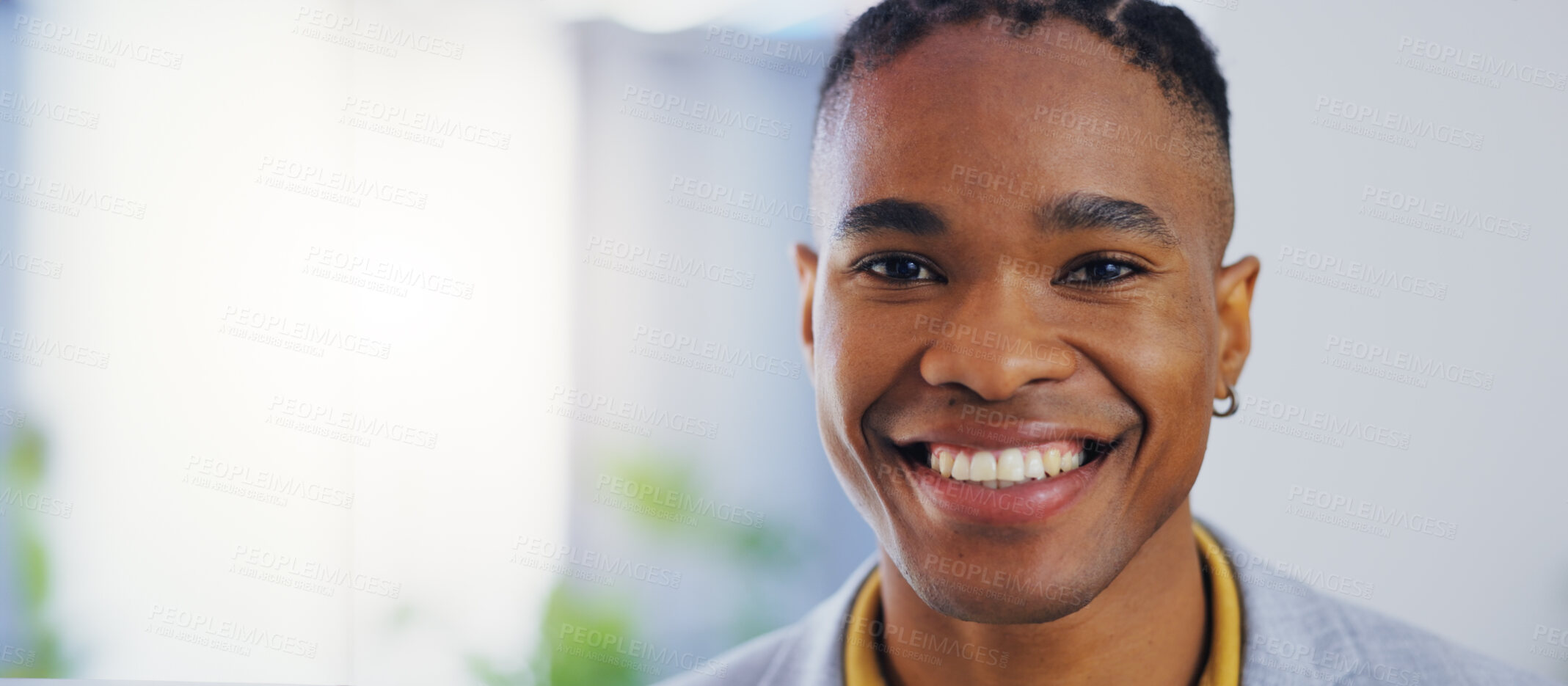 Buy stock photo Business man, portrait and face with a smile in a corporate office while happy and confident. Closeup of a male entrepreneur person laughing with pride for professional career, motivation and goals