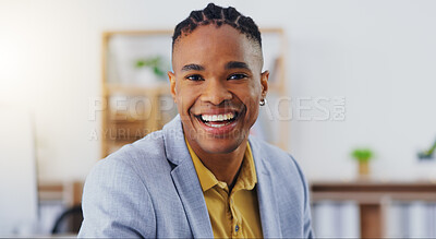 Face, business and black man with a smile, success and growth in workplace, startup and development. Portrait, male employee or worker with happiness, confidence and skills for company or new project