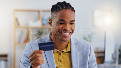 Buy stock photo Online shopping laptop, business credit card and happy man typing banking payment, corporate loan or security password. Finance system, ecommerce sales or male customer search on fintech omnichannel