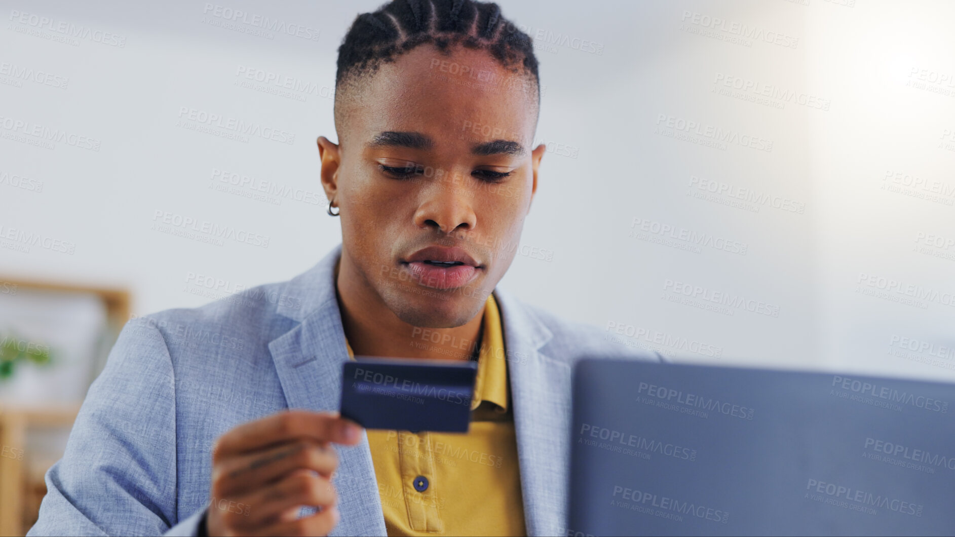Buy stock photo Online shopping laptop, credit card or black man happy for banking payment, corporate loan success or account money. Financial sale, e commerce website or male customer with easy fintech omnichannel