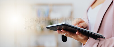 Buy stock photo Hands, tablet and research with a business woman in the office to search for information on the internet. Data, planning and networking with a female employee working online using technology closeup