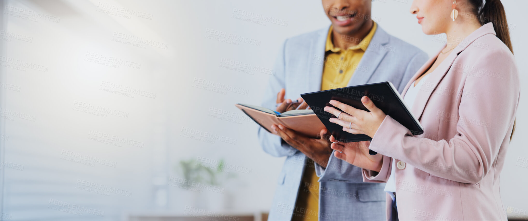 Buy stock photo Tablet, notebook and business people in discussion in the office doing research for a project. Collaboration, teamwork and corporate team working on a report together with mobile device in workplace.