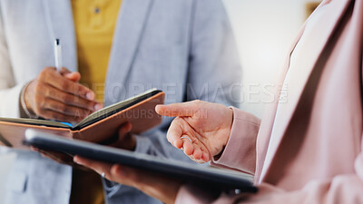 Buy stock photo Digital tablet, hands and business people writing in meeting for creative, planning and strategy in office. Closeup, training and man online with woman for idea, vision or brainstorm collaboration