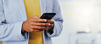 Closeup, man and hands with smartphone in office for online user, contact and reading professional chat. Employee typing on cellphone for networking, mobile app or scroll to social media notification