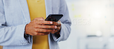 Closeup, man and hands with smartphone in office for online user, contact and reading professional chat. Employee typing on cellphone for networking, mobile app or scroll to social media notification