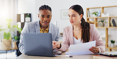 Buy stock photo Laptop, documents and business people in discussion on a project together in the modern office. Teamwork, technology and professional corporate team working on report with paperwork in collaboration.