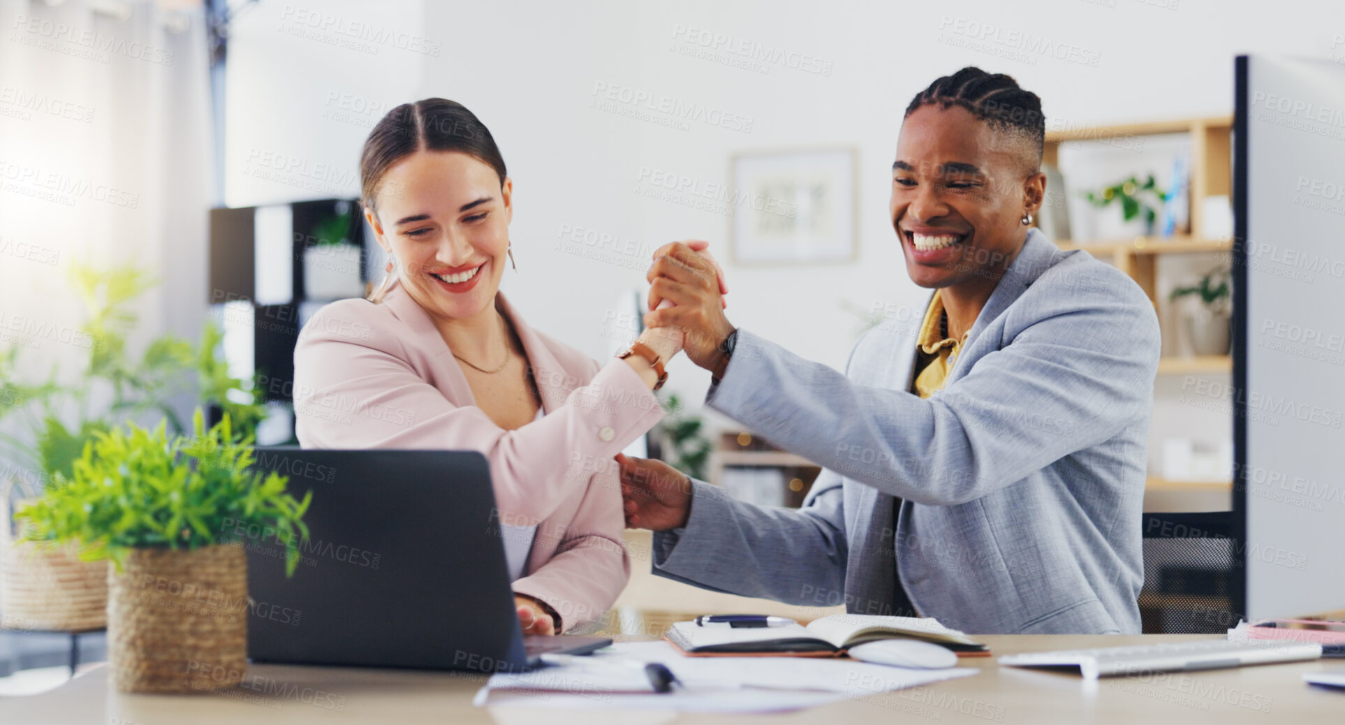 Buy stock photo Laptop, surprise and business people celebrate, high five and excited for financial growth, project feedback or success. Achievement, winner and diversity team happy for deal, profit or sales revenue