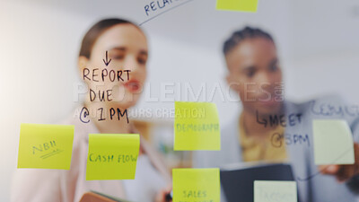 Buy stock photo Board, explain or business people teamwork, communication and collaboration on development strategy ideas. Sticky note, brainstorming planning or diversity team cooperation on sales research forecast