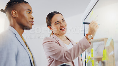 Buy stock photo Board, writing and business people cooperation, office consulting and planning sales launch for target audience. Sticky note ideas, collaboration teamwork or retail team brainstorming design plan