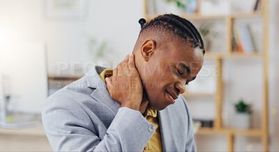Neck pain, crisis and black man with anatomy injury, bad medical emergency or office strain problem. Burnout fatigue, muscle accident and tired person, business employee or agent with stress tension