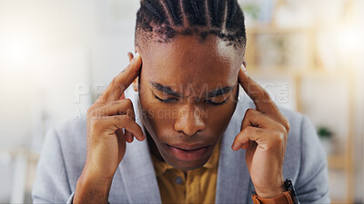 Buy stock photo Mental health, headache and black man stress over office burnout, work project or company risk crisis. Fatigue, migraine and tired person, business consultant or depressed employee with pain problem