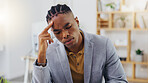 Mental health, pain and black man burnout from office stress, overworked or company project crisis. Fatigue, migraine and tired person, business consultant or depressed worker with headache problem
