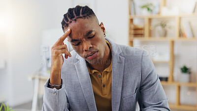 Buy stock photo Mental health, pain and black man burnout from office stress, overworked or company project crisis. Fatigue, migraine and tired person, business consultant or depressed worker with headache problem