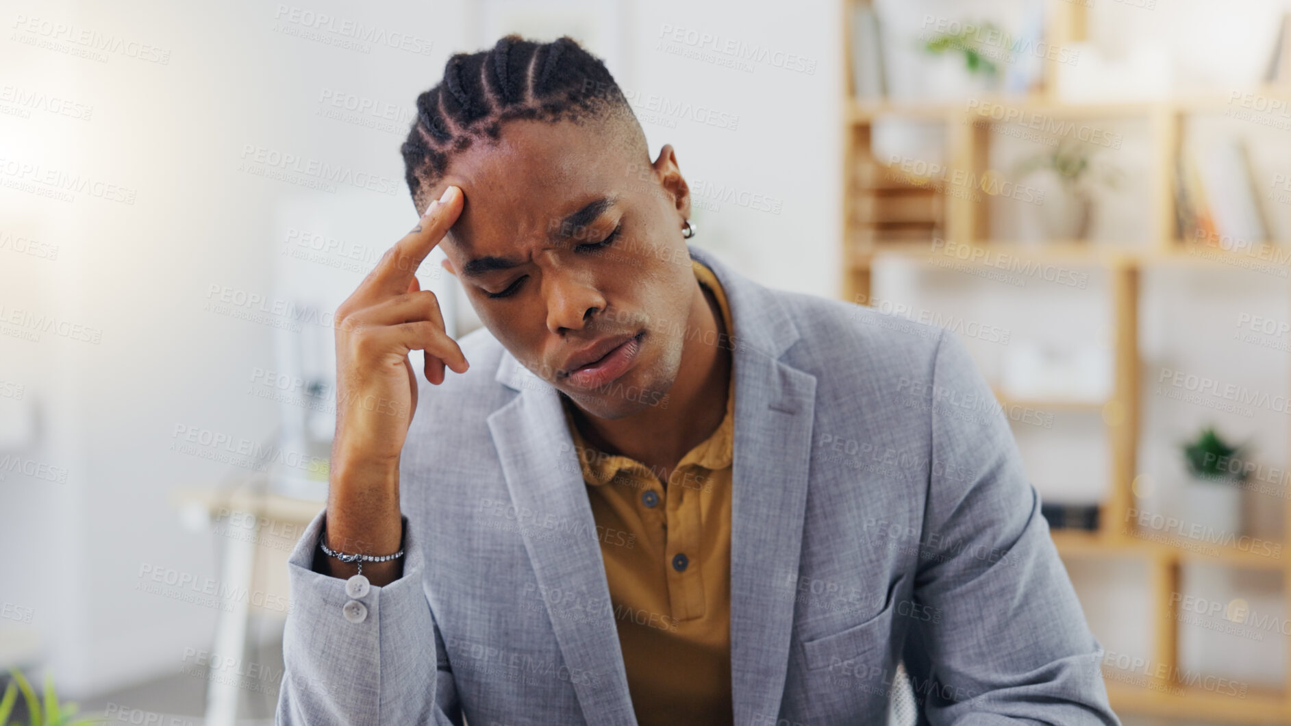 Buy stock photo Mental health, pain and black man burnout from office stress, overworked or company project crisis. Fatigue, migraine and tired person, business consultant or depressed worker with headache problem