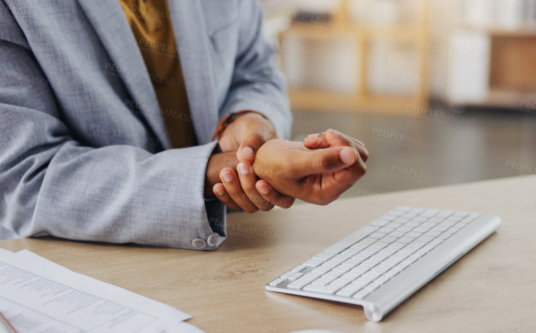 Buy stock photo Hands of business man with problem, carpal tunnel syndrome or sore wrist from keyboard typing, office work or corporate project. Arthritis risk, medical crisis and hurt male worker with injury pain