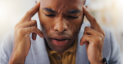 Buy stock photo Mental health burnout, sad or black man depressed from office stress, business pressure or corporate crisis. Pain, depression and tired person, consultant or professional worker with headache problem