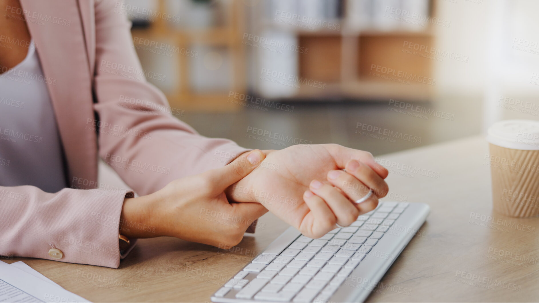 Buy stock photo Hands, massage and woman with injury problem, carpal tunnel syndrome or wrist accident from keyboard typing, Medical emergency, anatomy crisis and hurt female employee with pain, arthritis or risk