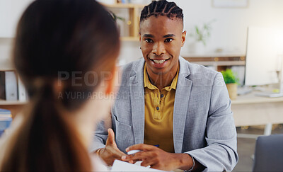 Business, professional and black man with a client, planning and discussion in workplace for new project. Male consultant, employee and lady in office, discussion and explain schedule and deadline