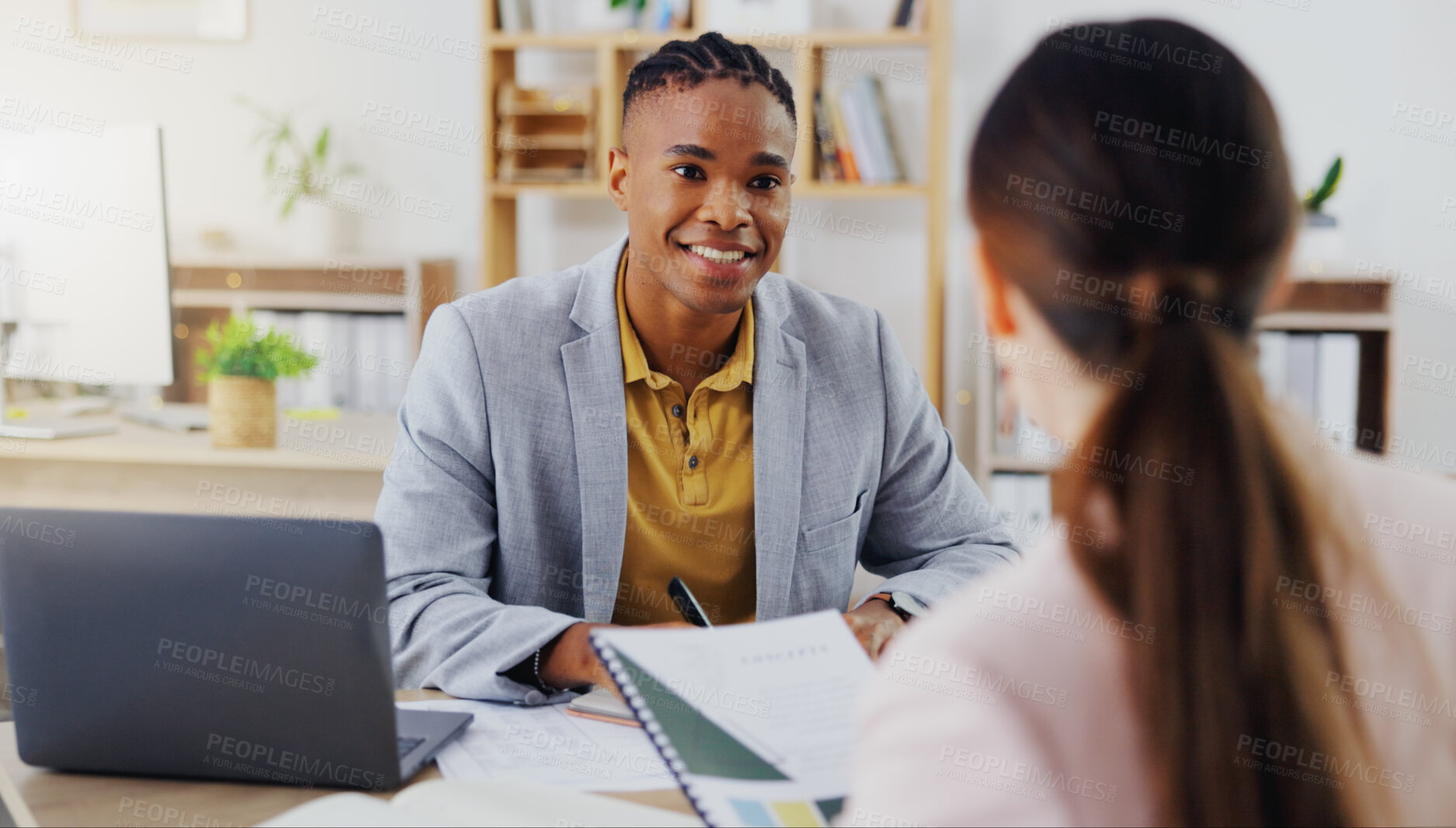Buy stock photo Startup, consultants and black man in office, conversation and new project, schedule and share ideas. Employees, female client and male worker explain process, system and planning with paperwork