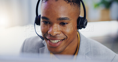 Customer service, laptop and face of black man consulting on contact us CRM, telemarketing or telecom. Webinar, information technology or male call center consultant talking on online tech support