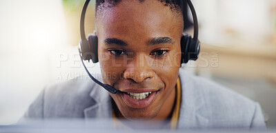 Customer service, laptop and face of black man consulting on contact us CRM, telemarketing or telecom. Webinar, information technology or male call center consultant talking on online tech support