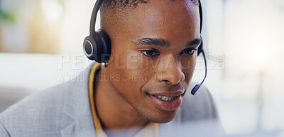 Customer service, laptop video call or black man consulting on contact us CRM, sales pitch or telecom. Webinar headset, tech support face or male call center agent talking on online telemarketing mic