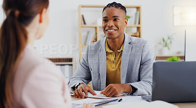 Buy stock photo Business, employees and black man in consultation, planning and conversation for new project. Male worker, manager and consultant in office, communication and share ideas with documents and paperwork