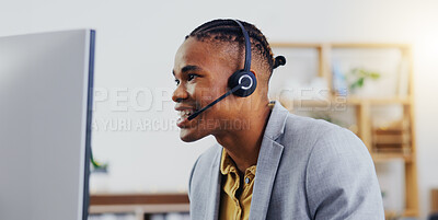 Customer service, laptop video call and happy black man networking on webinar, online conference or telemarketing. Communication microphone, callcenter consulting and office person on sales pitch