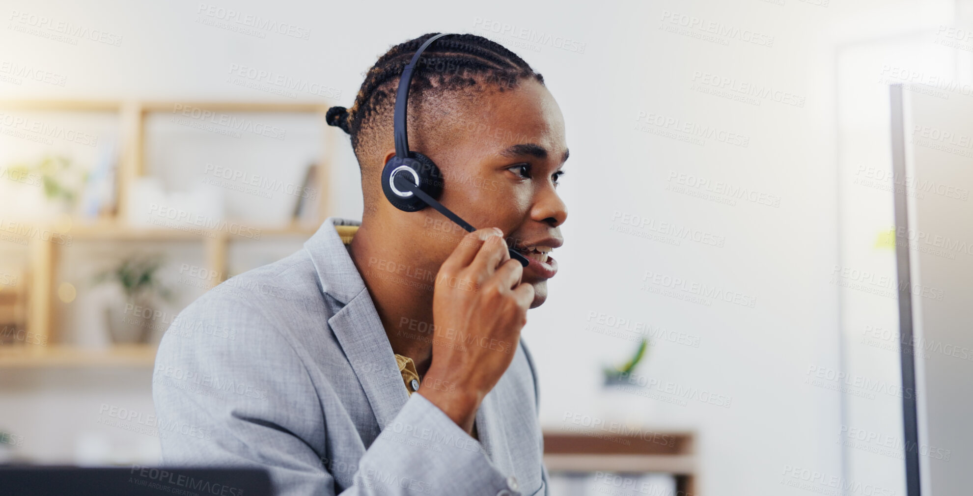 Buy stock photo Customer service, laptop video call and happy black man networking on webinar, online conference or telemarketing. Communication microphone, callcenter consulting and office person on sales pitch