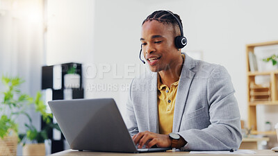 Customer support, laptop video call and black man on networking webinar, online conference or telemarketing. Communication headset, contact us office and male telecom agent consulting on sales pitch
