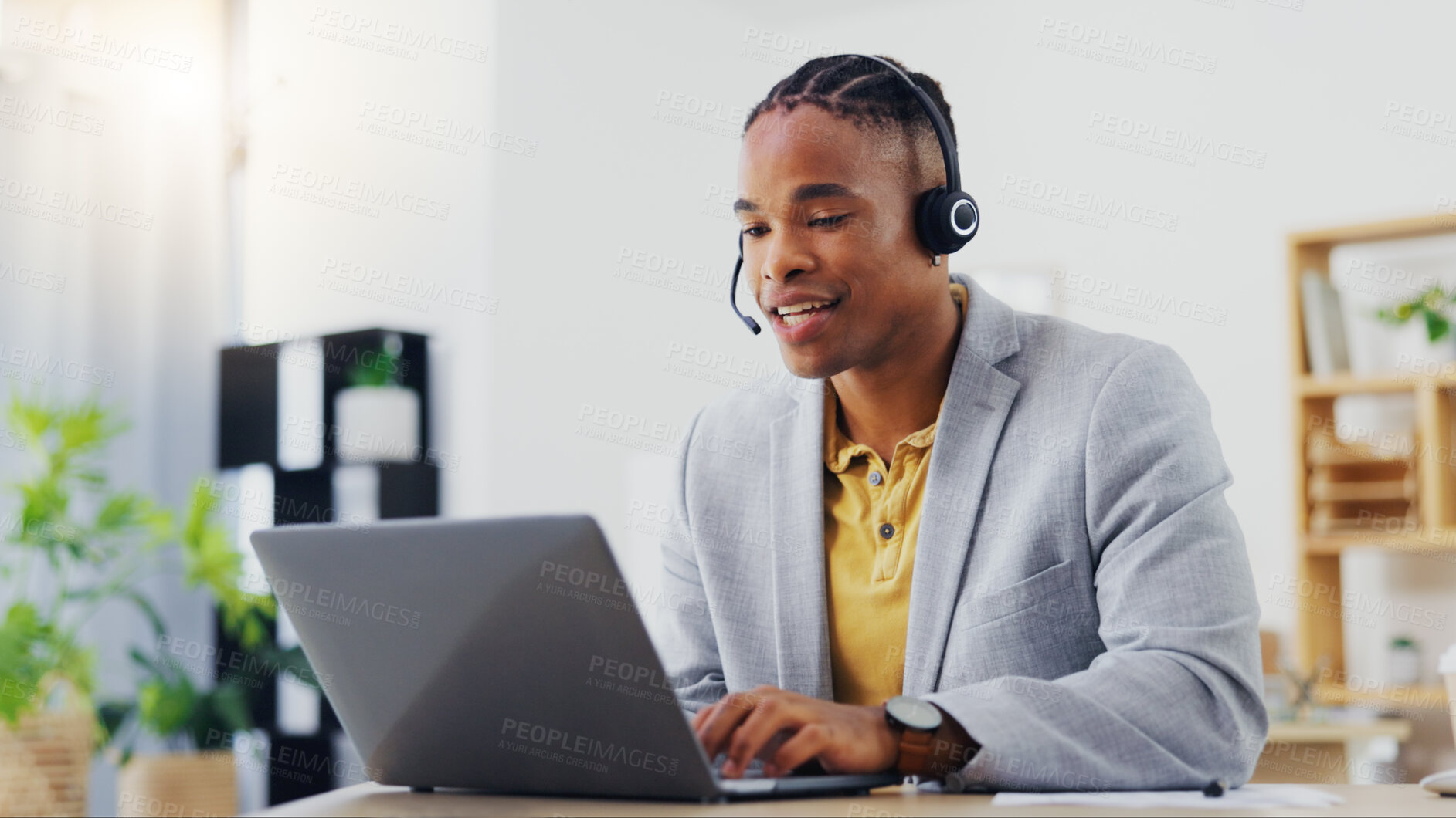 Buy stock photo Customer support, laptop video call and black man on networking webinar, online conference or telemarketing. Communication headset, contact us office and male telecom agent consulting on sales pitch